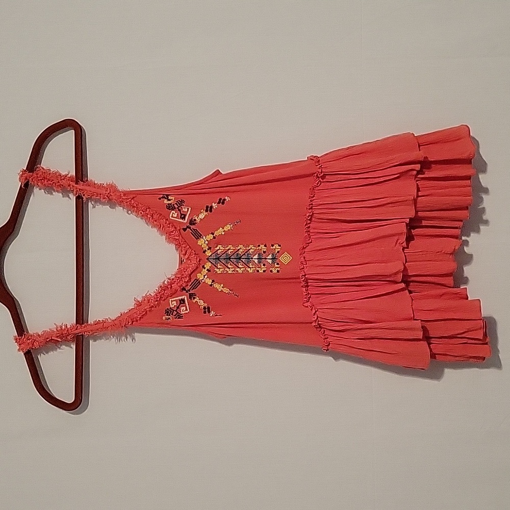 Free People Coral Embroidered Ruffle Top